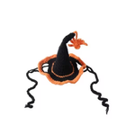 A small crocheted witch hat in black and orange with long black dangling ties and an orange spider accent on top, shown on a plain white background.