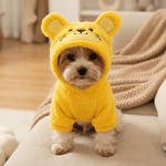 A small fluffy dog wearing a bright yellow plush pet hoodie with bear ears and a cute embroidered face on the hood, sitting on a beige sofa with a soft blanket in the background.