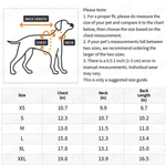 Pet size chart and measurement guide showing a dog silhouette with labeled chest, neck, and back length, plus a size table listing XS through XXL measurements in inches.