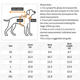 Pet size chart and measurement guide showing a dog silhouette with labeled chest, neck, and back length, plus a size table listing XS through XXL measurements in inches.