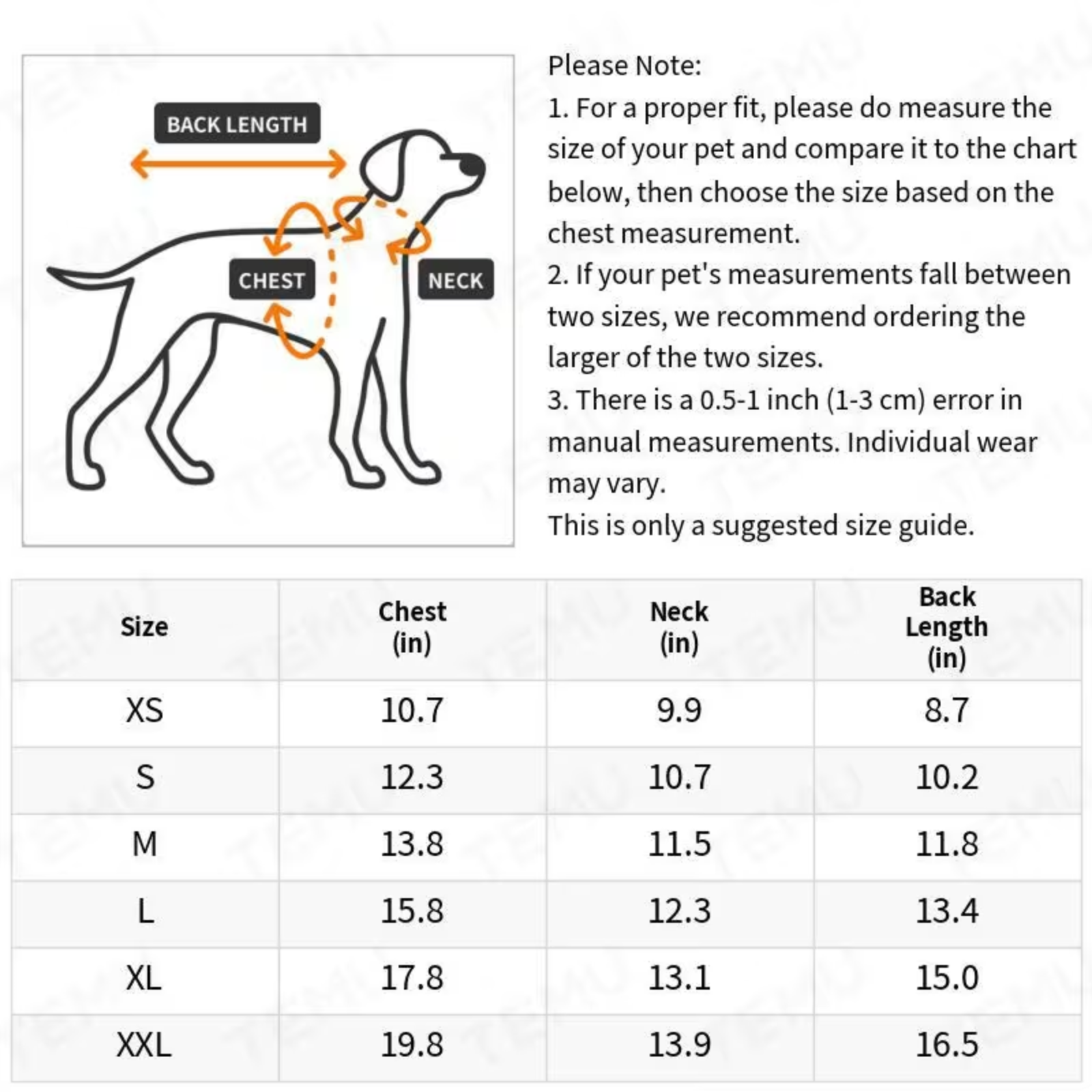 Pet size chart and measurement guide showing a dog silhouette with labeled chest, neck, and back length, plus a size table listing XS through XXL measurements in inches.