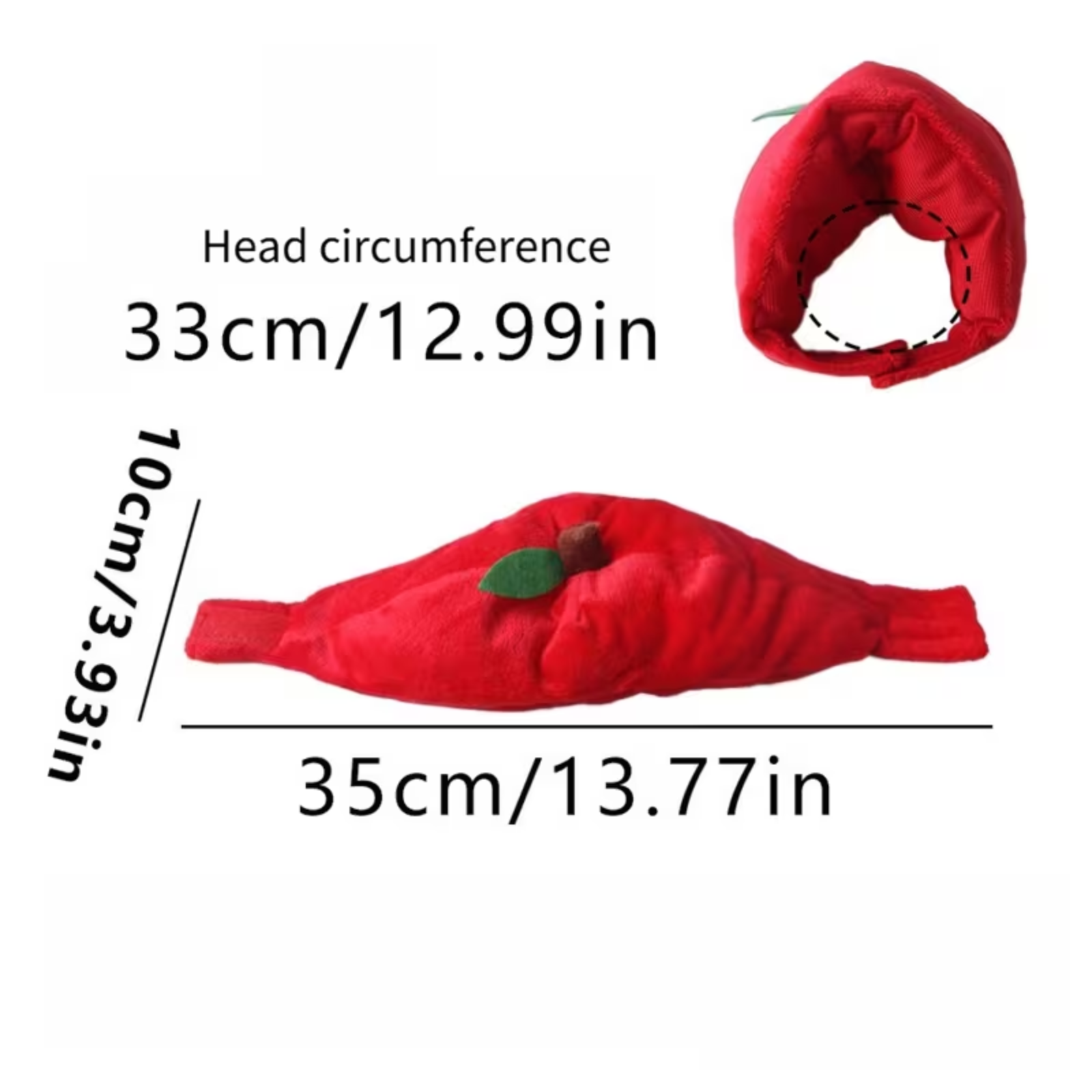 Red plush headband shown on a white background with dimension labels indicating head circumference 33cm/12.99in and width 35cm/13.77in