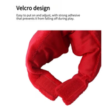 Red adjustable headband with Velcro closure, shown on a white background with descriptive text about its easy-to-use design.