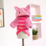 Pink pig costume on a mannequin with a white background