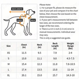 Dog collar size chart with a line drawing of a dog showing back length, chest, and neck measurements, plus a sizing table listing sizes XS through XL with corresponding measurements and weight ranges.