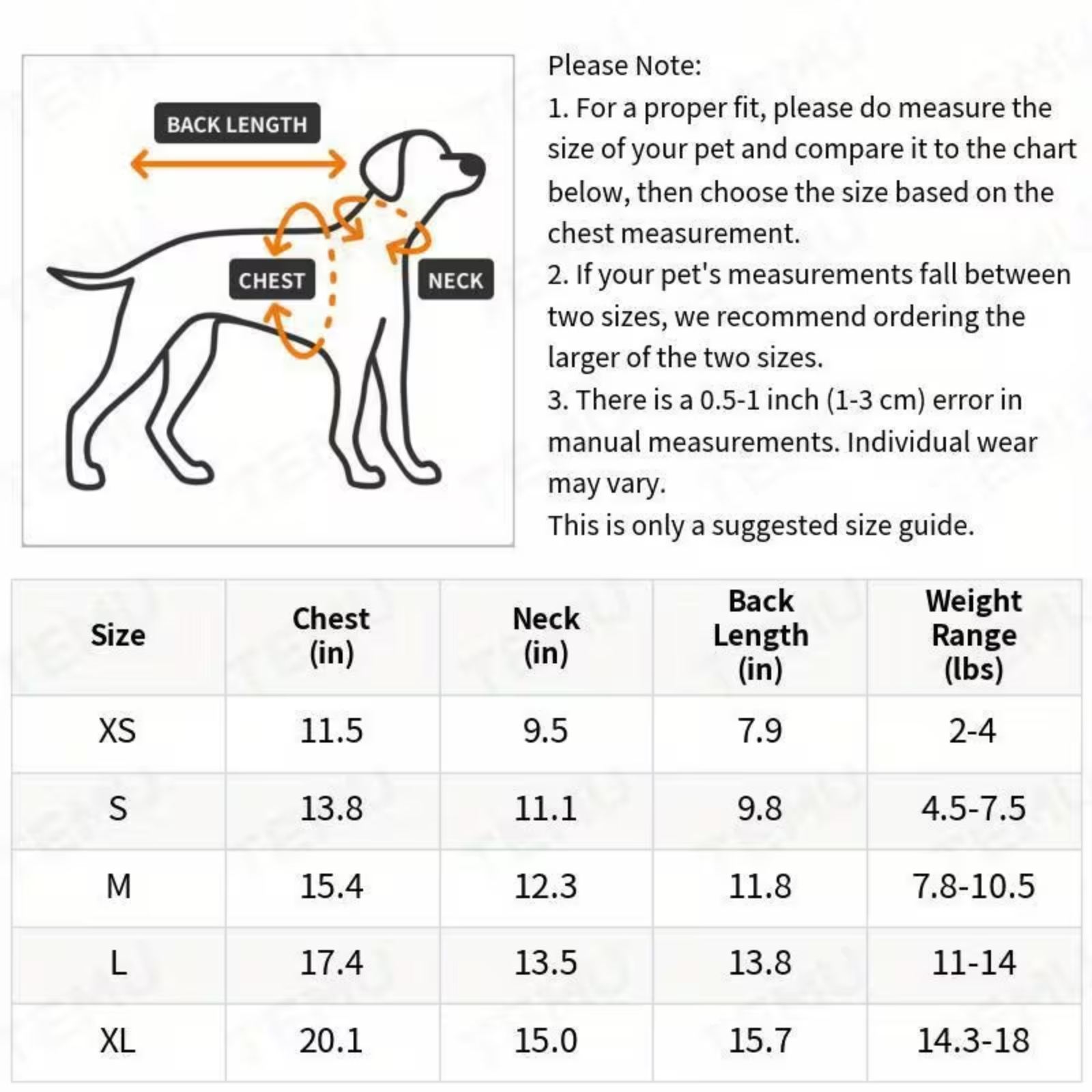 Dog collar size chart with a line drawing of a dog showing back length, chest, and neck measurements, plus a sizing table listing sizes XS through XL with corresponding measurements and weight ranges.