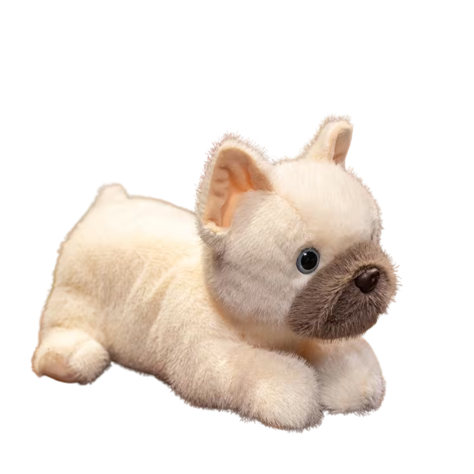 A plush toy puppy dog with cream-colored fur, a brown muzzle, and blue eyes, lying down on a solid white background.
