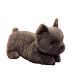 A dark gray plush puppy toy with realistic fur texture, small pointed ears, and glossy eyes, shown on a plain white background.
