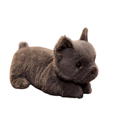A dark gray plush puppy toy with realistic fur texture, small pointed ears, and glossy eyes, shown on a plain white background.