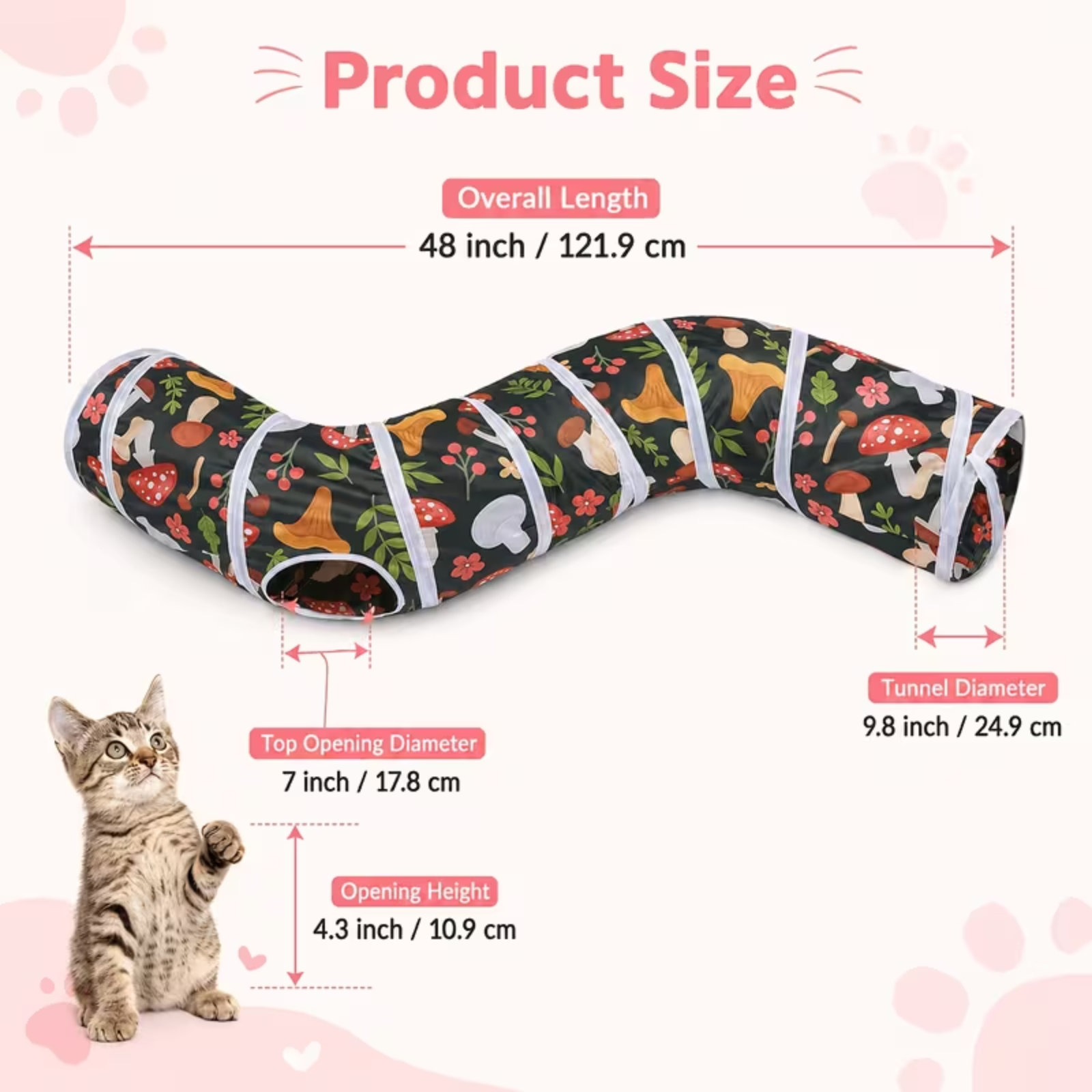 Product size diagram for a cat tunnel toy with printed woodland animal and mushroom pattern, showing overall length 48 inches, top opening diameter 7 inches, and tunnel diameter 9.8 inches, with a small cat illustration on a pale pink background.