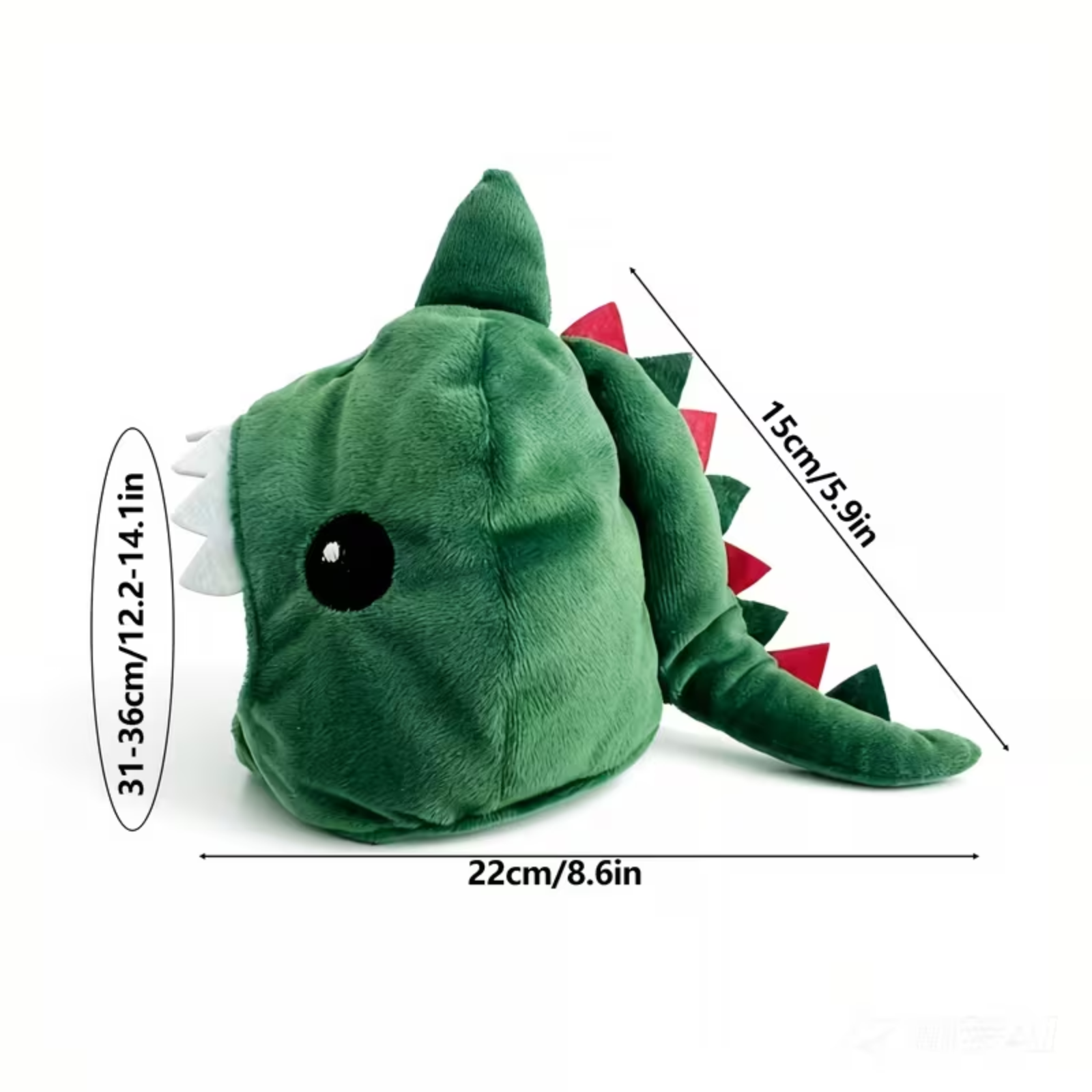 Green plush toy with dinosaur design, showing measurements on a white background
