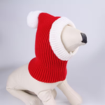 Red knitted snood with white trim on a mannequin against a light gray background