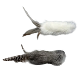 Two natural fur cat toys with attached feathers, shown against a plain white background. The top one is made of white fur with a gray tail feather, and the bottom one is made of gray fur with a striped gray-and-black tail feather.