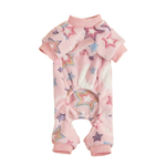 Plush pink pet pajamas with stars and moons against a white background.