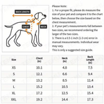 Size chart featuring a dog illustration and measuring dimensions.