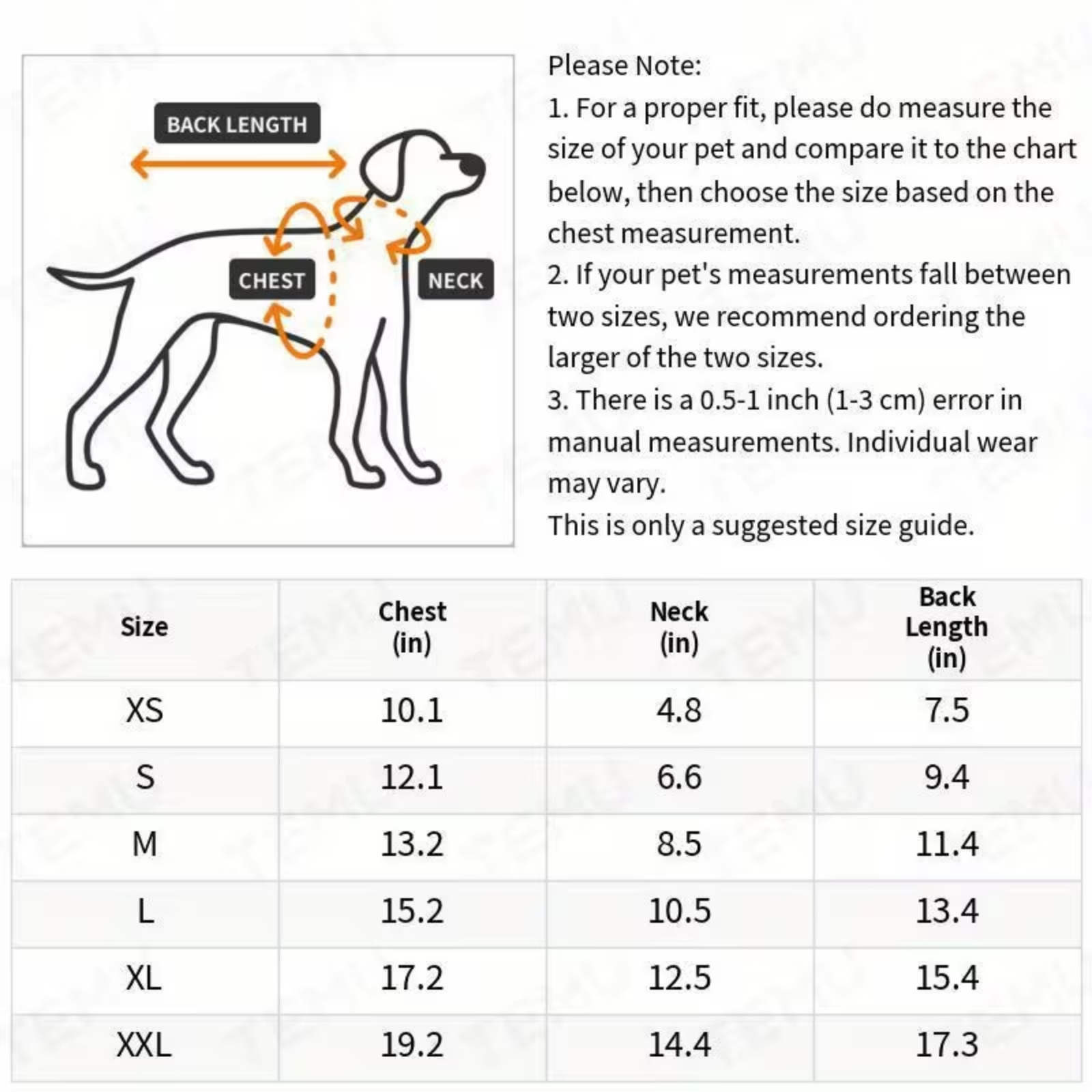 Size chart featuring a dog illustration and measuring dimensions.