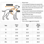 Pet size measurement chart showing a dog body diagram with labels for back length, chest, and neck, plus a size table with chest, neck, and back length measurements for S, M, L, XL, and XXL.