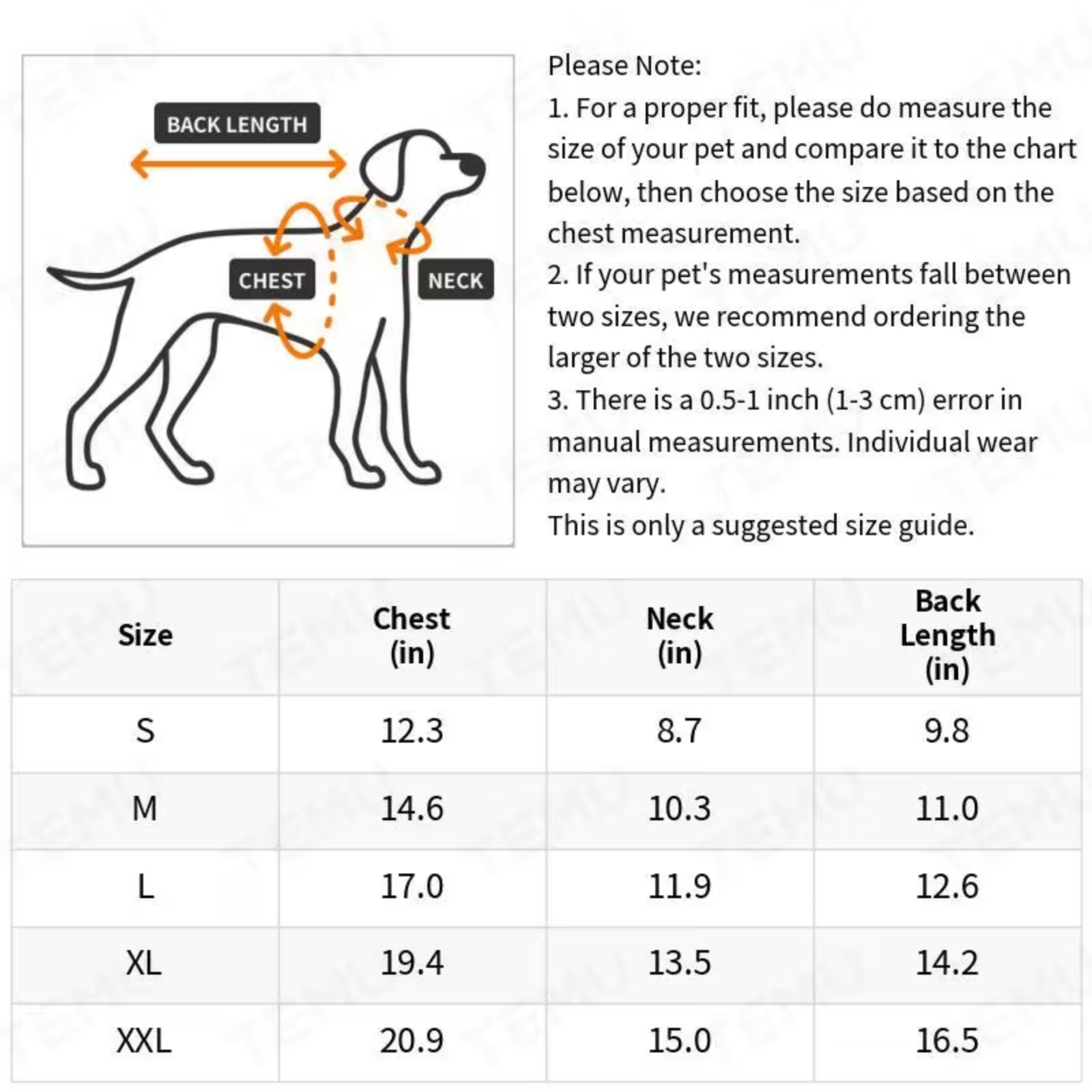 Pet size measurement chart showing a dog body diagram with labels for back length, chest, and neck, plus a size table with chest, neck, and back length measurements for S, M, L, XL, and XXL.