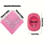 A pink cowboy hat shown from below and a pink paisley bandana against a white background with measurement dimensions.