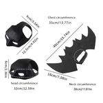 Black Batman mask and black felt bat wings shown with measurement labels and lines indicating chest circumference, head circumference, neck circumference, and individual dimensions on a white background.
