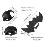 Black Batman mask and black felt bat wings shown with measurement labels and lines indicating chest circumference, head circumference, neck circumference, and individual dimensions on a white background.