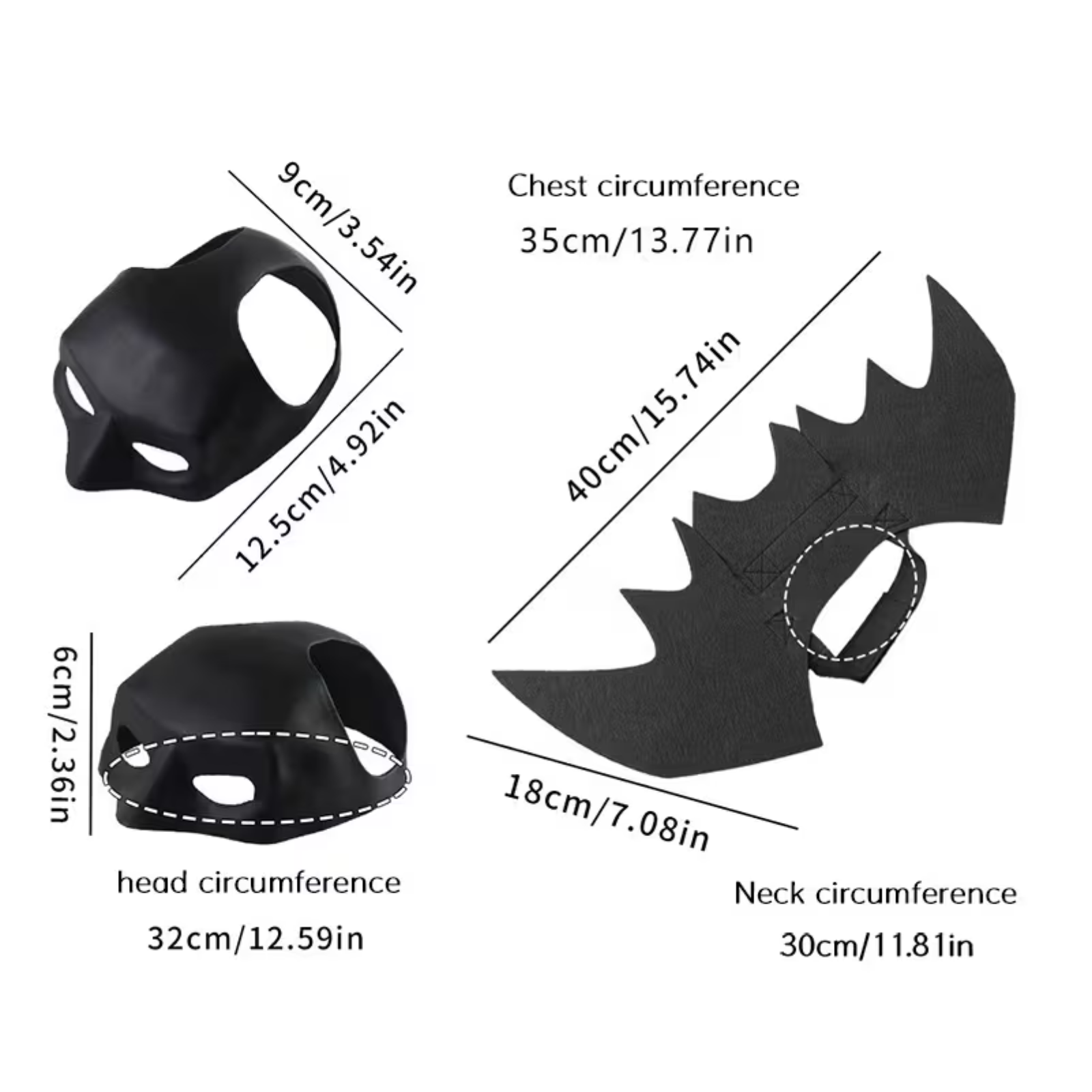Black Batman mask and black felt bat wings shown with measurement labels and lines indicating chest circumference, head circumference, neck circumference, and individual dimensions on a white background.