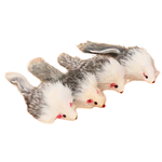 Four plush toy mice arranged diagonally on a plain white background. The toys have white and gray fur with small pink inner ears and black eyes.