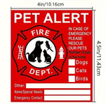 Red and white emergency pet alert sign with a Maltese cross fire department emblem, black silhouettes of a dog, cat, and bird, and text fields for pets and emergency contact. Measurement labels showing 4in by 4.5in.