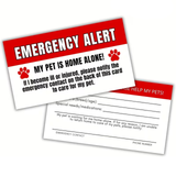 Two pet emergency alert cards shown overlapping on a white background. The top card is red and white with the text 'EMERGENCY ALERT' and 'MY PET IS HOME ALONE!' plus red paw prints.