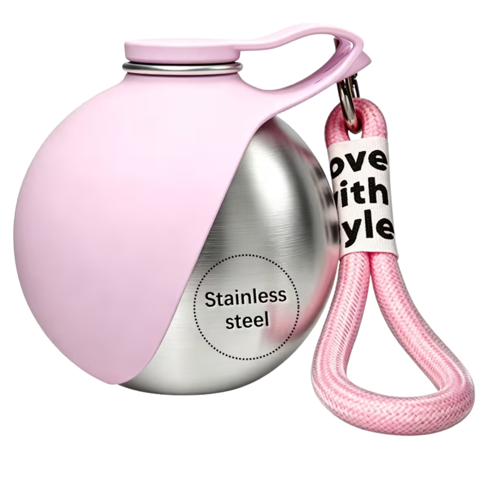 A stainless steel water bottle with a bright pink silicone sleeve, matching cap, and carrying loop, shown on a plain white background.