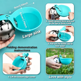 Teal collapsible pet water bowl with a stainless steel ball base, shown with dimension labels, folding instructions, and step-by-step usage photos on a light blue background.