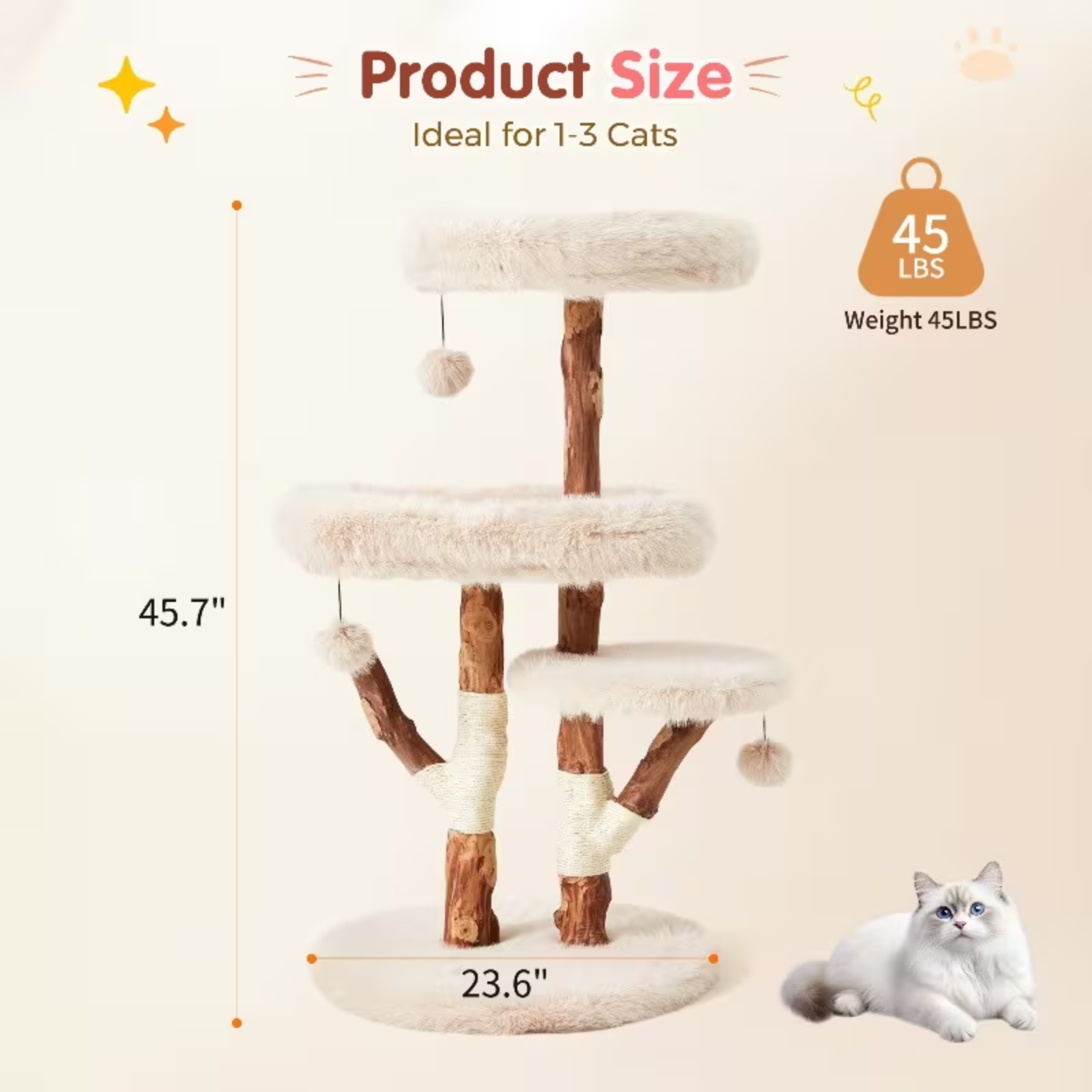 A three-tier fluffy cat tree with brown posts and cream-colored platforms, shown with dimension markings (45.7 inches tall by 23.6 inches wide)
