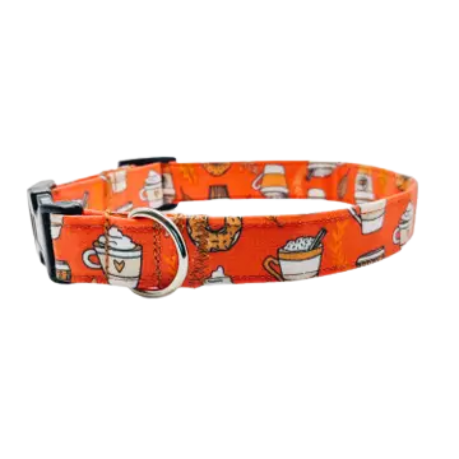 An orange dog collar with a repeating pattern of coffee cups, mugs, and a donut, featuring a black buckle and silver metal ring.