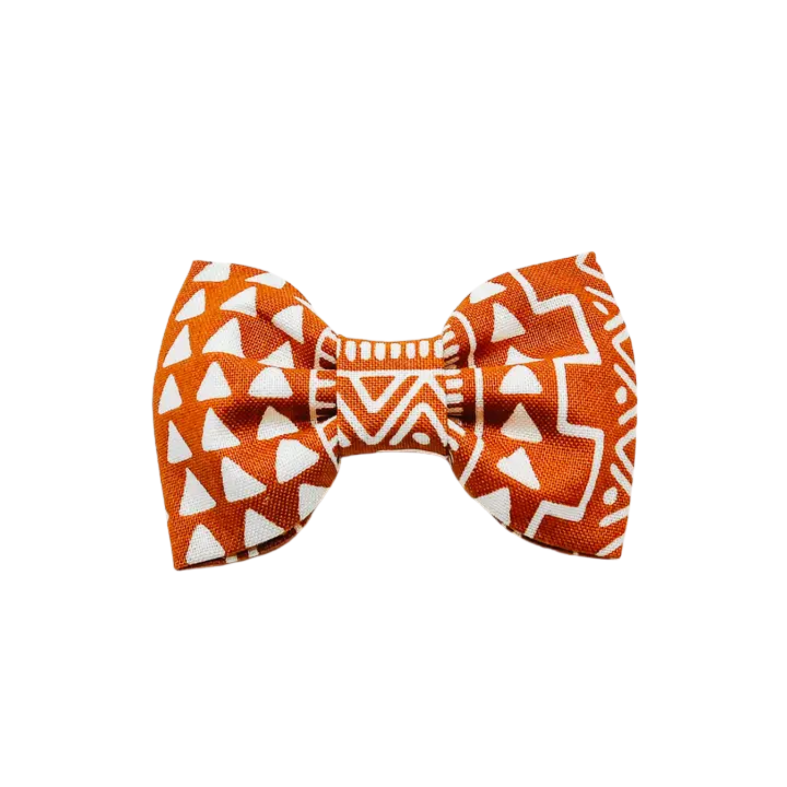 An orange and white patterned bow tie with geometric tribal-style designs, shown against a plain white background.