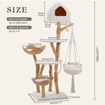 A multi-level cat tree with dimensions labeled on a light beige background. The tree includes a white cat house at the top, two white platform levels, two woven wicker cat beds, a hanging macrame hammock, and a white base.