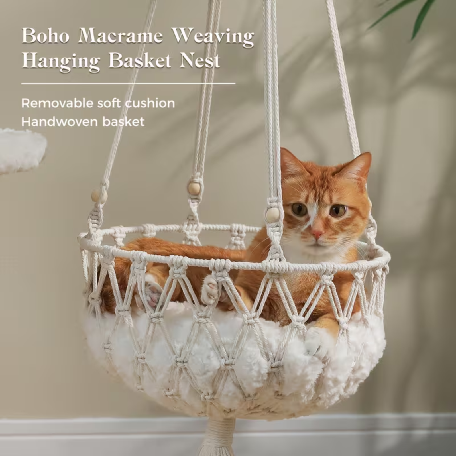 Orange cat sitting in a white macrame woven basket bed