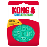 Kong CoreStrength dog toy in its original retail packaging, featuring a bright teal-green CoreTec solid core ball visible through a clear window on a red and white card.