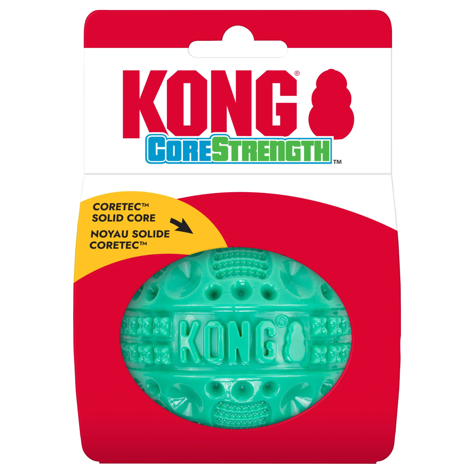 Kong CoreStrength dog toy in its original retail packaging, featuring a bright teal-green CoreTec solid core ball visible through a clear window on a red and white card.