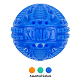 A blue textured rubber dog toy ball with the KONG brand name embossed on the front, shown on a white background with three small color swatches below labeled 'Assorted Colors' in orange, teal-green, and blue.