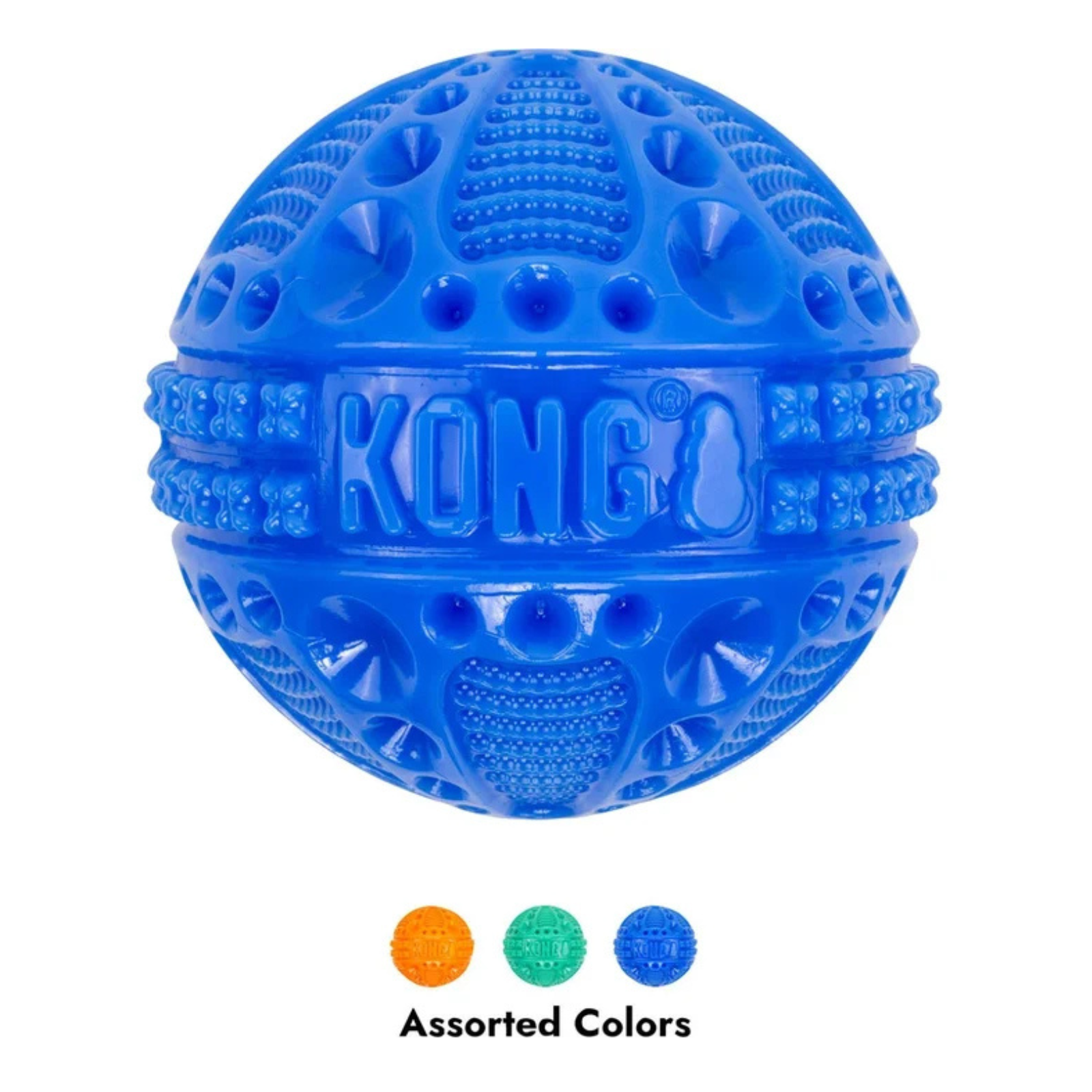 A blue textured rubber dog toy ball with the KONG brand name embossed on the front, shown on a white background with three small color swatches below labeled 'Assorted Colors' in orange, teal-green, and blue.