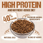 Promotional graphic for a high-protein cat food bowl, showing brown kibble pieces in a clear bowl with text highlighting 40% protein, premium animal ingredients, natural oils, and a blend of herbs on a beige background.