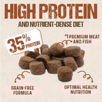 Dog food product with text highlighting high protein content and nutrient-dense diet on a beige background.