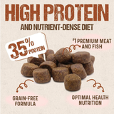 Dog food product with text highlighting high protein content and nutrient-dense diet on a beige background.