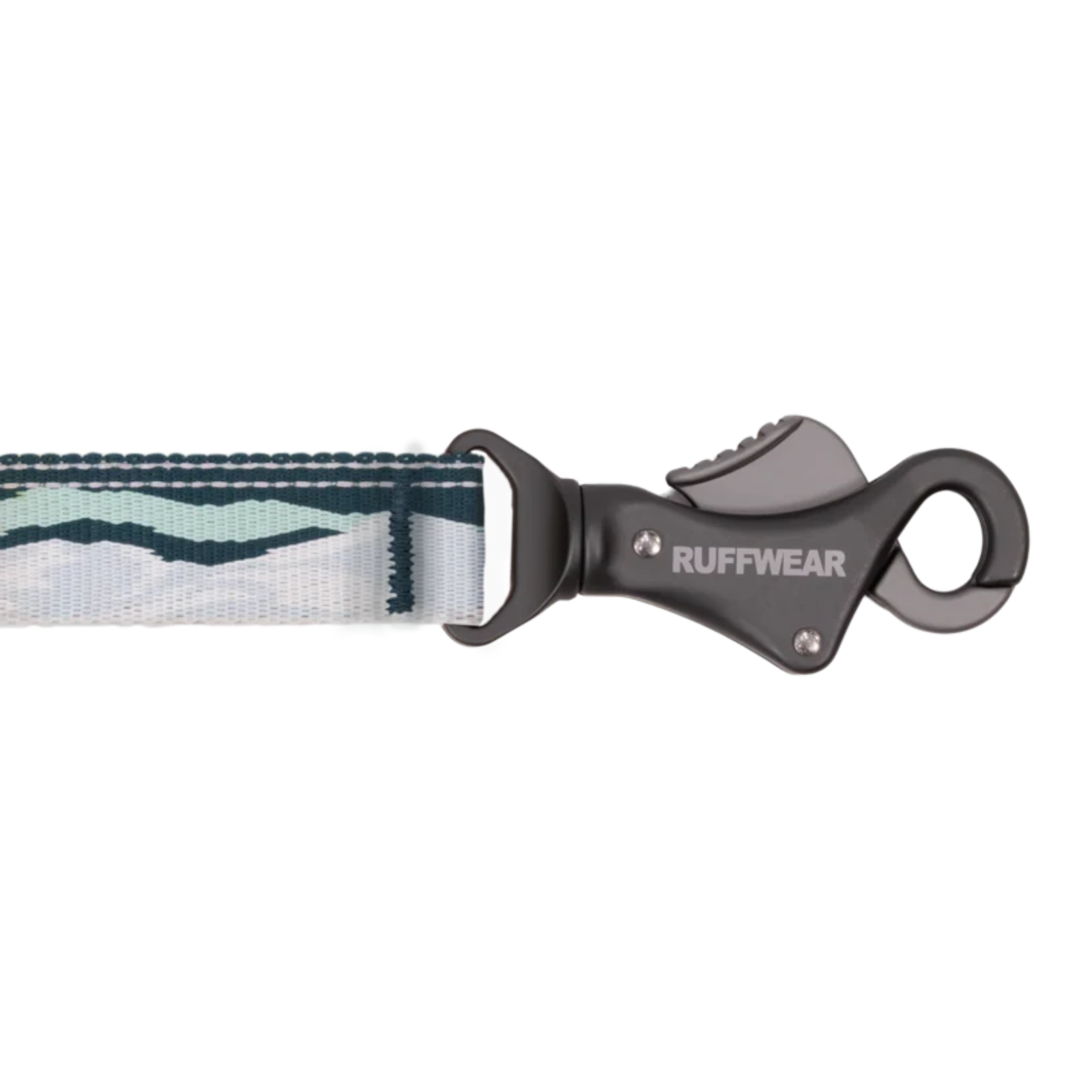A close-up of a Ruffwear lanyard with a dark gray metal clip and a patterned webbing strap in shades of teal, white, and gray.