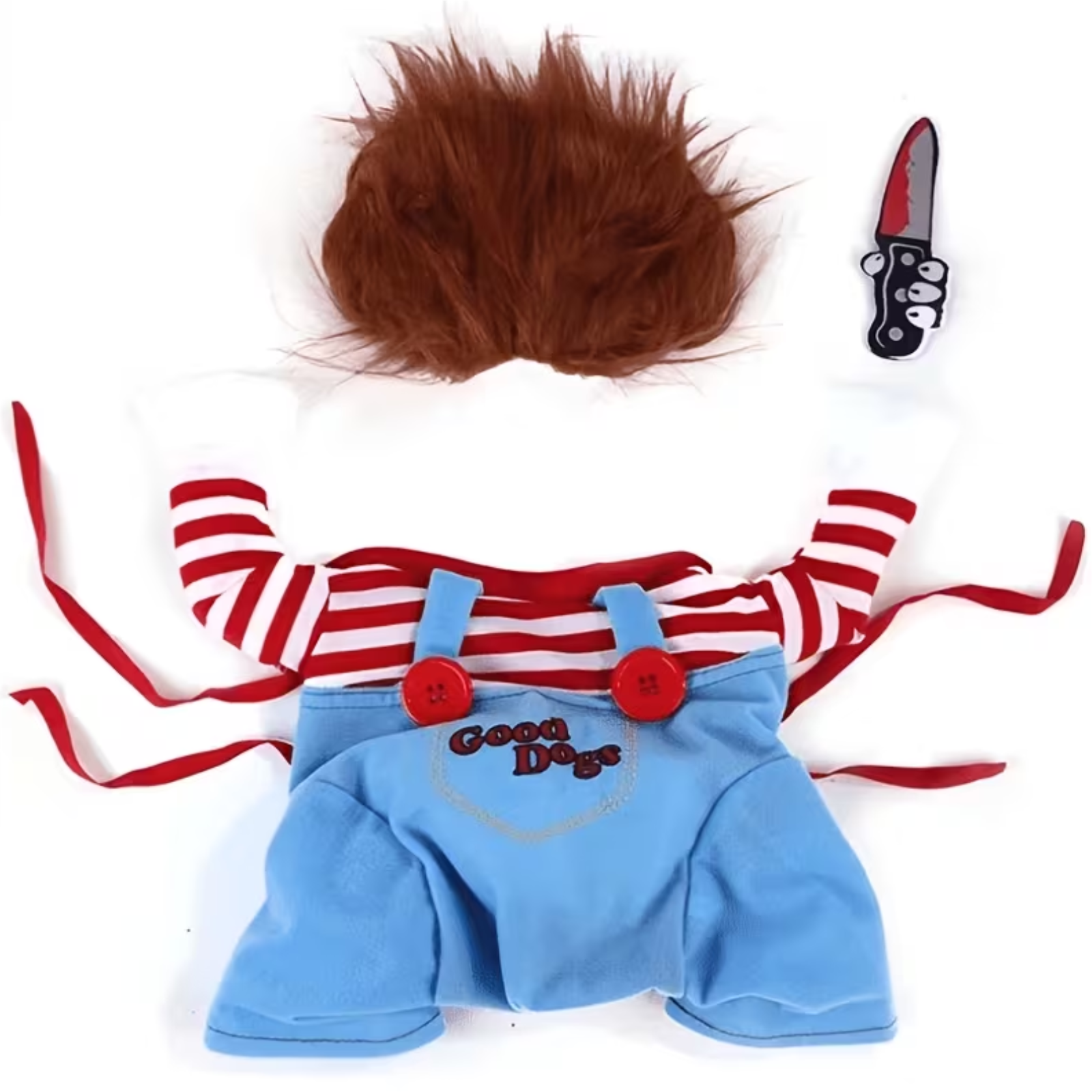 A doll outfit set featuring a red and white striped long-sleeve shirt, light blue overalls with red buttons and 'Good Dog' embroidery, a brown wig, and a toy knife accessory, all arranged on a white background.