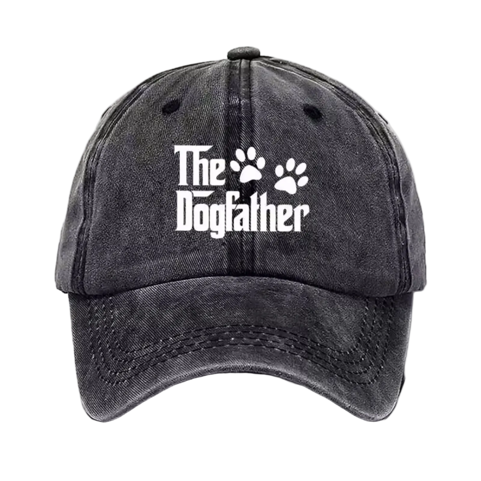 A dark gray washed baseball cap featuring the white text 'The Dogfather' and two paw prints on the front, set against a plain white background.