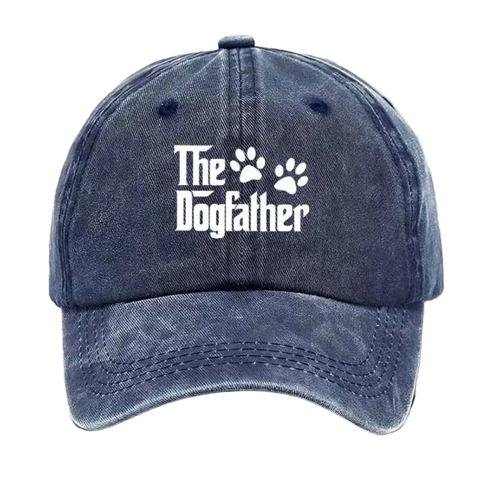 A washed dark blue baseball cap with white text reading 'The Dogfather' and two paw prints on the front, shown against a plain white background.