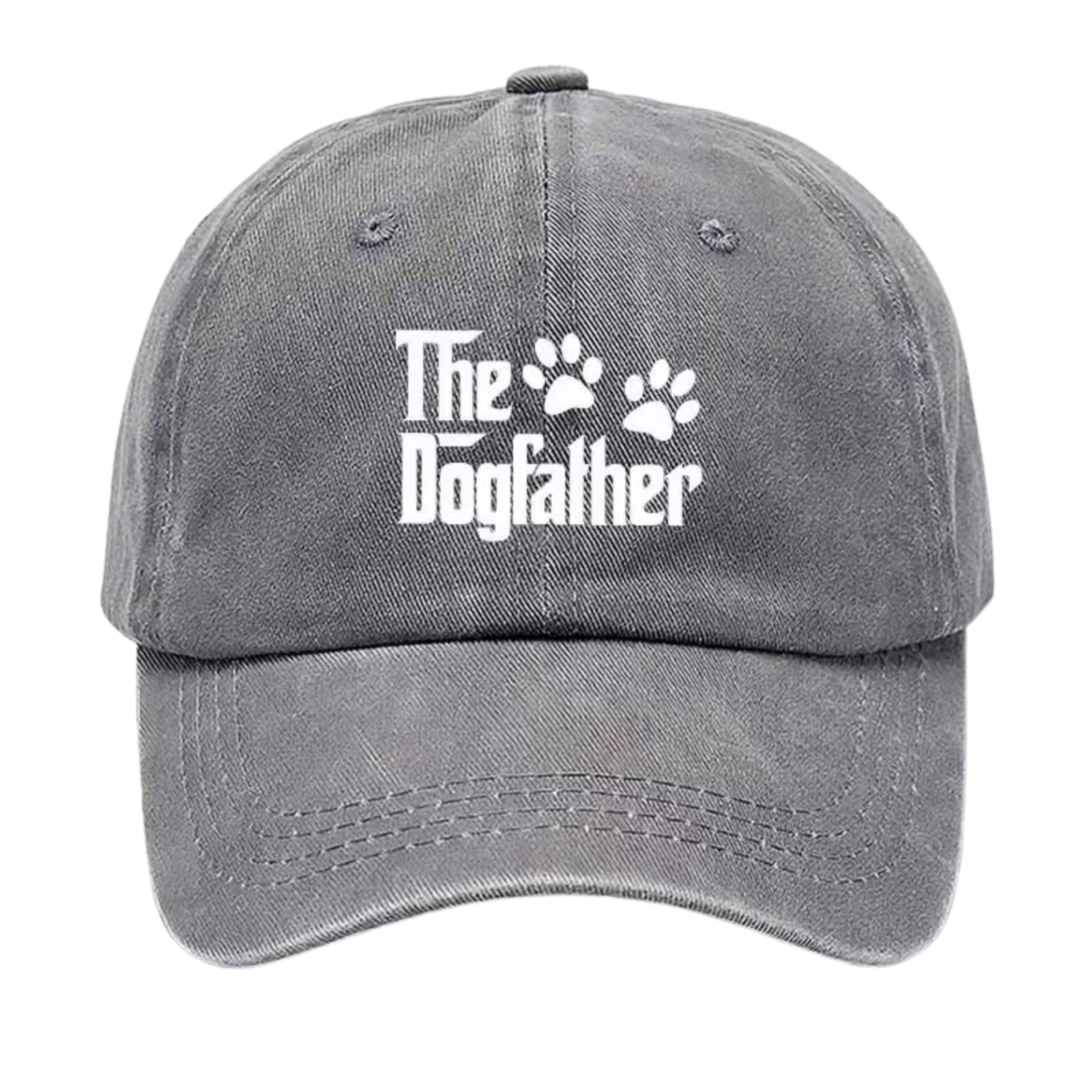 A gray washed baseball cap featuring the white text 'The Dogfather' with two paw prints, shown against a plain white background.