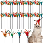 Cat toy with colorful feathers and a cat sitting below.