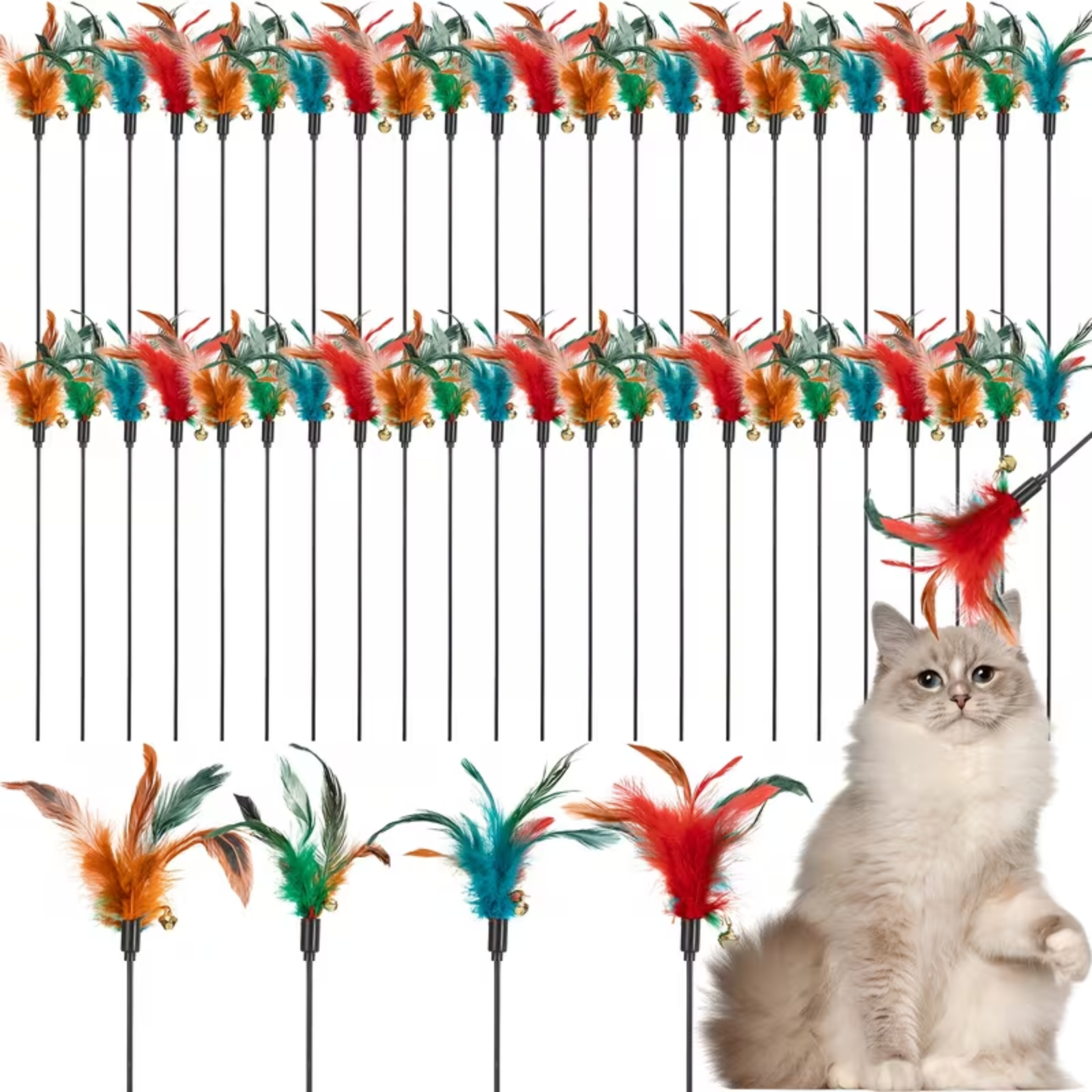 Cat toy with colorful feathers and a cat sitting below.